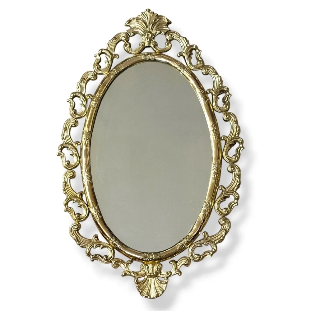 Vintage Solid Brass Baroque Wall Mirror Ornate‎ Heavy Oval Regency Decor MCM